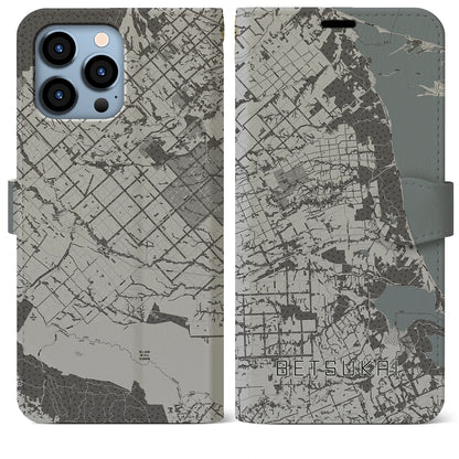 【別海（北海道）】地図柄iPhoneケース（手帳タイプ）モノトーン・iPhone 13 Pro Max 用