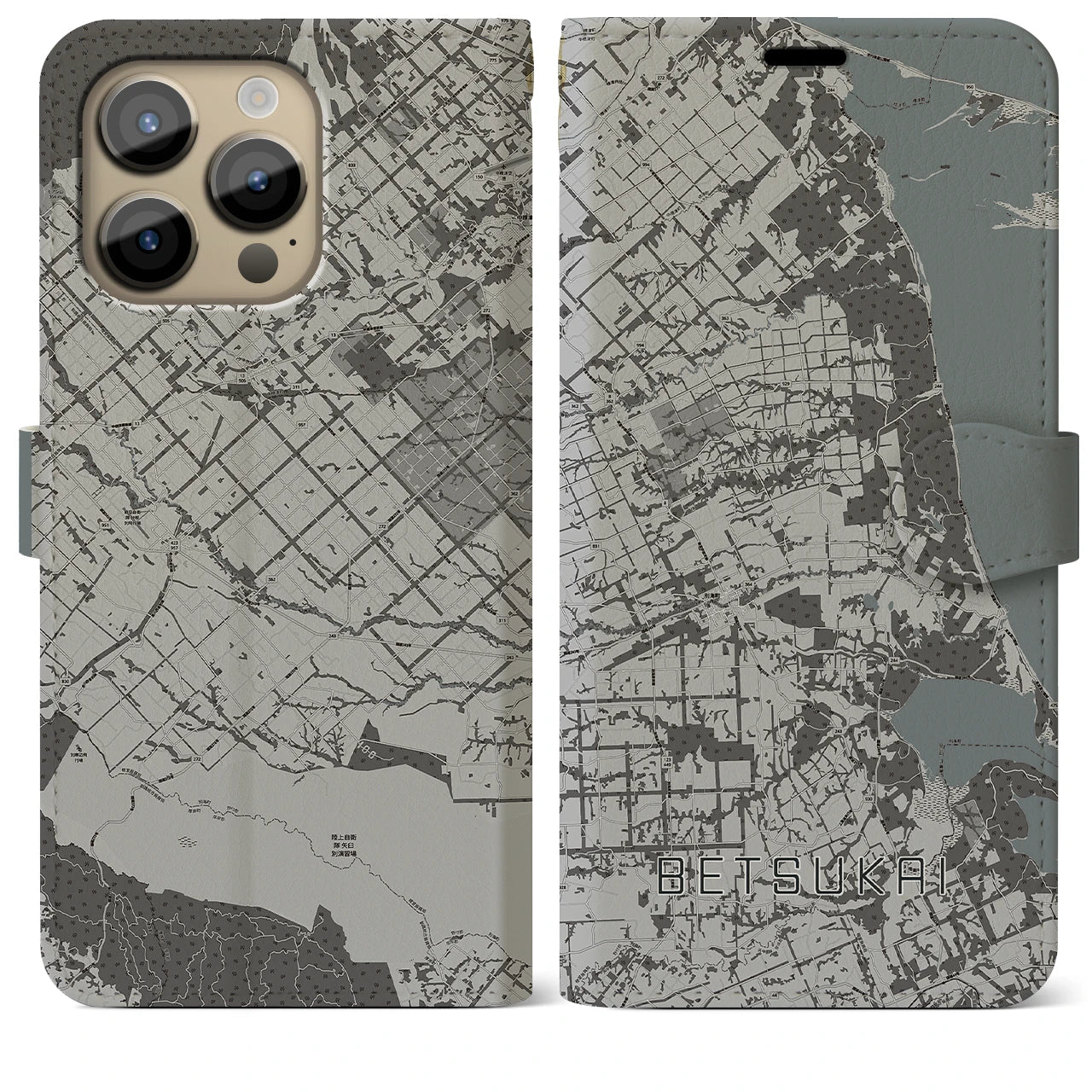 【別海】地図柄iPhoneケース（手帳両面タイプ・モノトーン）iPhone 14 Pro Max 用