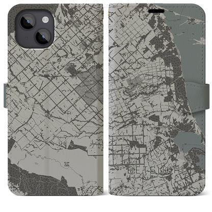 【別海（北海道）】地図柄iPhoneケース（手帳タイプ）モノトーン・iPhone 14 Plus 用