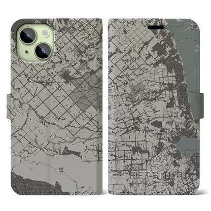 【別海（北海道）】地図柄iPhoneケース（手帳タイプ）モノトーン・iPhone 15 用