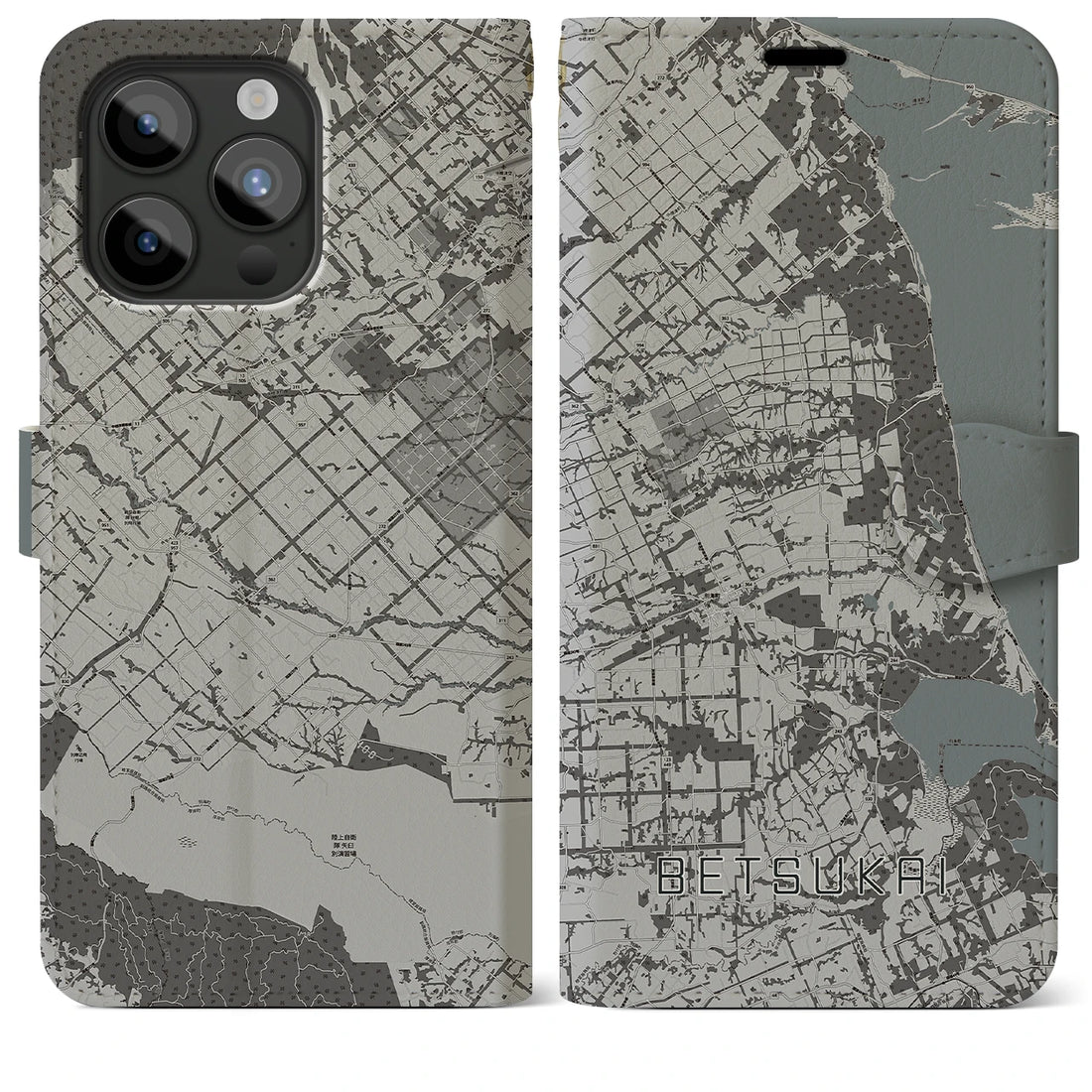 【別海】地図柄iPhoneケース（手帳両面タイプ・モノトーン）iPhone 15 Pro Max 用