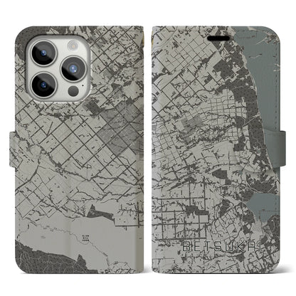 【別海（北海道）】地図柄iPhoneケース（手帳タイプ）モノトーン・iPhone 15 Pro 用