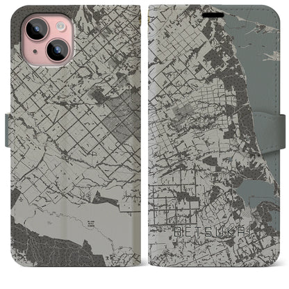 【別海（北海道）】地図柄iPhoneケース（手帳タイプ）モノトーン・iPhone 15 Plus 用