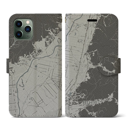 【美唄（北海道）】地図柄iPhoneケース（手帳タイプ）モノトーン・iPhone 11 Pro 用