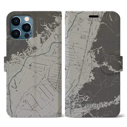 【美唄（北海道）】地図柄iPhoneケース（手帳タイプ）モノトーン・iPhone 12 / 12 Pro 用