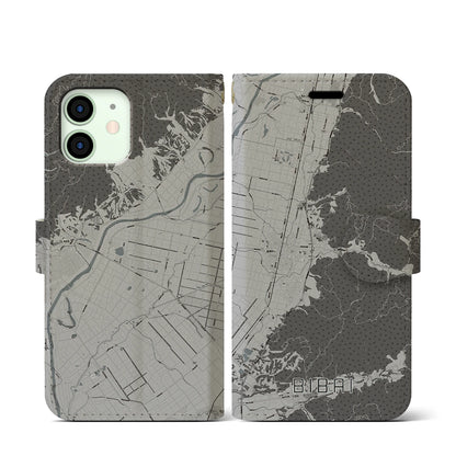 【美唄（北海道）】地図柄iPhoneケース（手帳タイプ）モノトーン・iPhone 12 mini 用