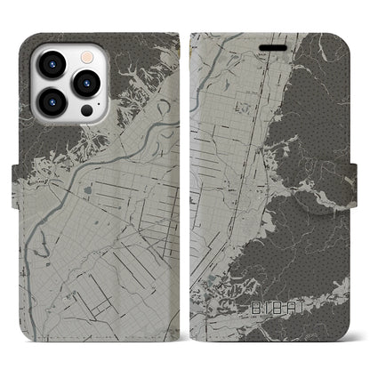 【美唄（北海道）】地図柄iPhoneケース（手帳タイプ）モノトーン・iPhone 13 Pro 用