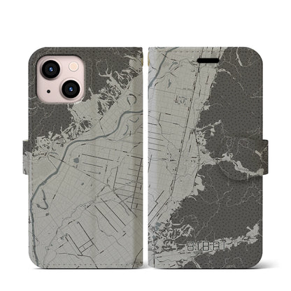 【美唄（北海道）】地図柄iPhoneケース（手帳タイプ）モノトーン・iPhone 13 mini 用