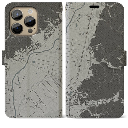 【美唄（北海道）】地図柄iPhoneケース（手帳タイプ）モノトーン・iPhone 14 Pro Max 用