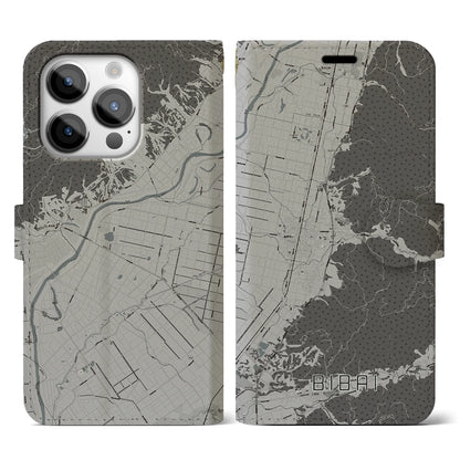 【美唄（北海道）】地図柄iPhoneケース（手帳タイプ）モノトーン・iPhone 14 Pro 用