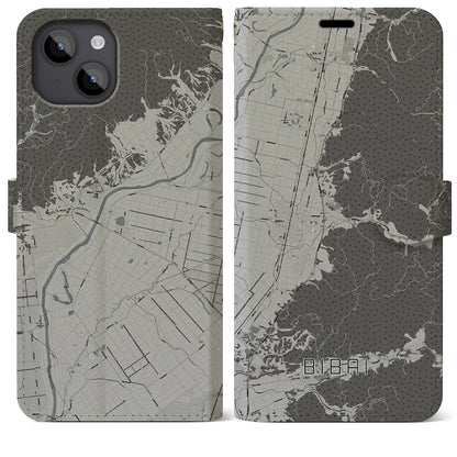 【美唄（北海道）】地図柄iPhoneケース（手帳タイプ）モノトーン・iPhone 14 Plus 用