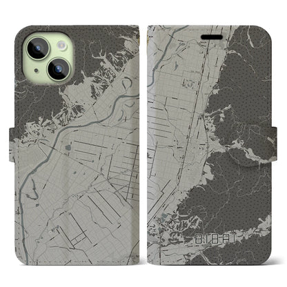 【美唄（北海道）】地図柄iPhoneケース（手帳タイプ）モノトーン・iPhone 15 用