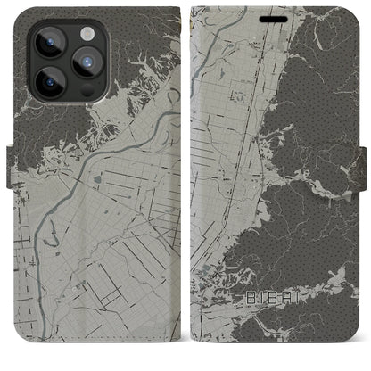 【美唄（北海道）】地図柄iPhoneケース（手帳タイプ）モノトーン・iPhone 15 Pro Max 用