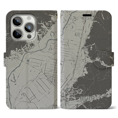 【美唄（北海道）】地図柄iPhoneケース（手帳タイプ）モノトーン・iPhone 15 Pro 用
