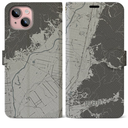 【美唄（北海道）】地図柄iPhoneケース（手帳タイプ）モノトーン・iPhone 15 Plus 用