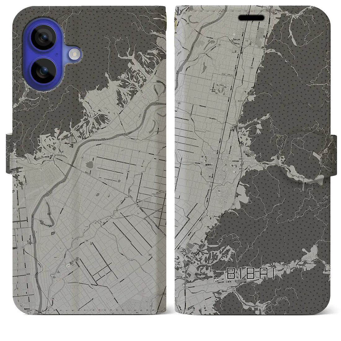 【美唄(北海道)】地図柄iPhoneケース(手帳タイプ)モノトーン・iPhone 16 Pro Max 用