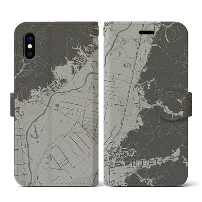 【美唄（北海道）】地図柄iPhoneケース（手帳タイプ）モノトーン・iPhone XS / X 用