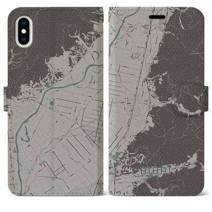 【美唄（北海道）】地図柄iPhoneケース（手帳タイプ）モノトーン・iPhone XS Max 用