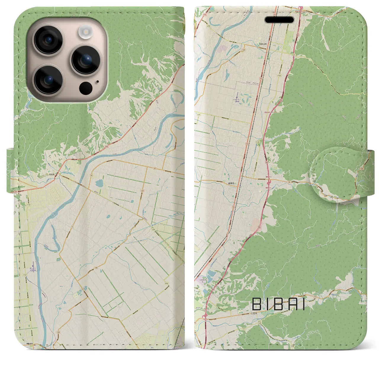 【美唄（北海道）】地図柄iPhoneケース（手帳タイプ）ナチュラル・iPhone 16 Plus 用