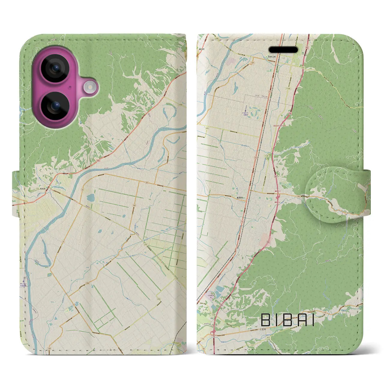 【美唄（北海道）】地図柄iPhoneケース（手帳タイプ）ナチュラル・iPhone 16 Pro 用