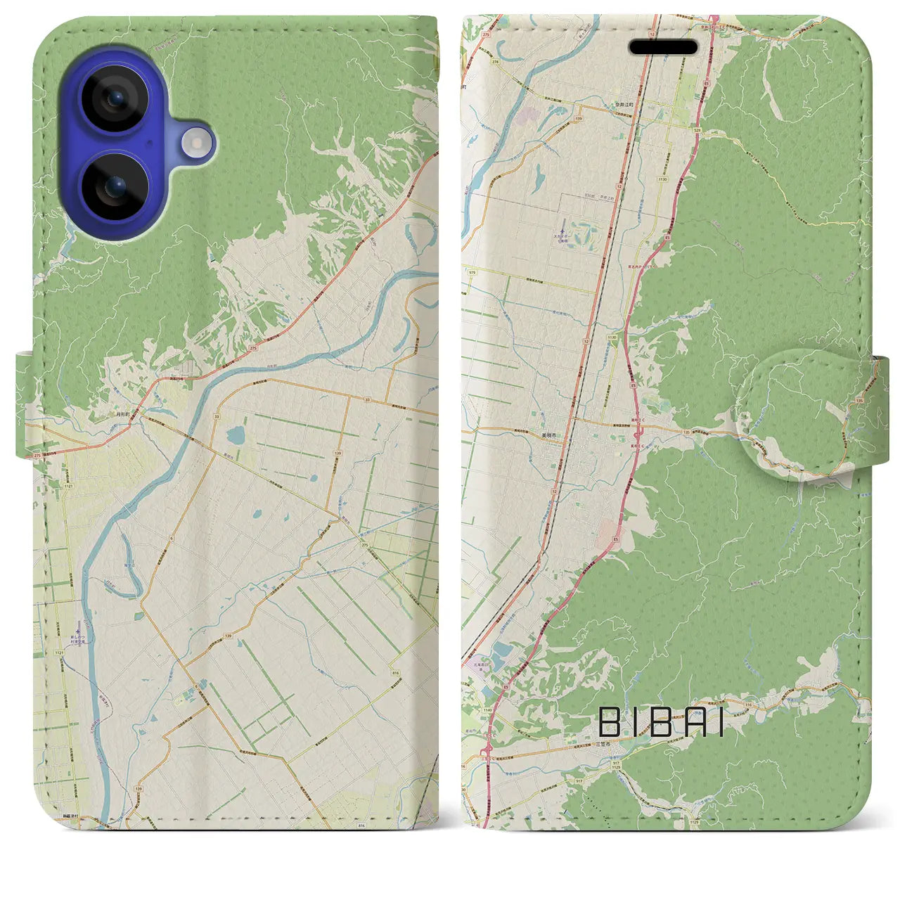 【美唄（北海道）】地図柄iPhoneケース（手帳タイプ）ナチュラル・iPhone 16 Pro Max 用