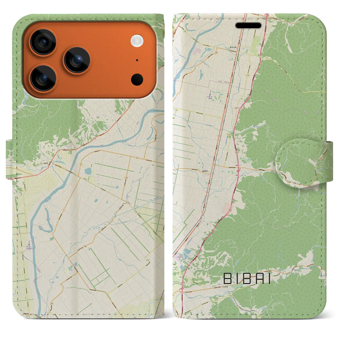 【美唄（北海道）】地図柄iPhoneケース（手帳タイプ）ナチュラル・iPhone 17 Pro Max 用