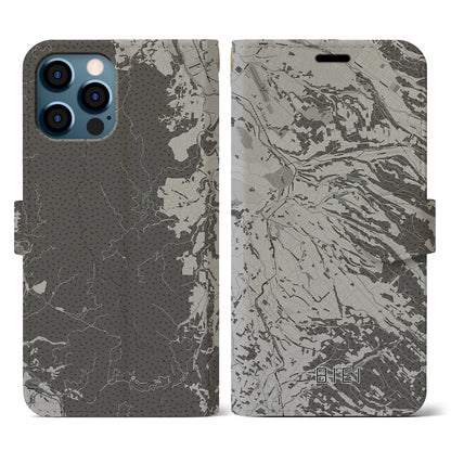 【美瑛（北海道）】地図柄iPhoneケース（手帳タイプ）モノトーン・iPhone 12 / 12 Pro 用