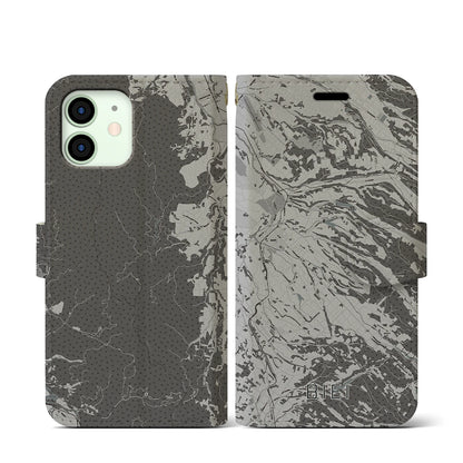 【美瑛（北海道）】地図柄iPhoneケース（手帳タイプ）モノトーン・iPhone 12 mini 用