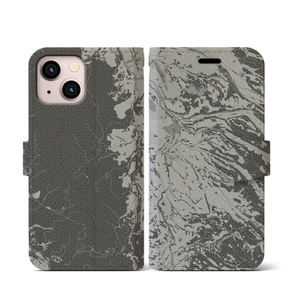 【美瑛（北海道）】地図柄iPhoneケース（手帳タイプ）モノトーン・iPhone 13 mini 用