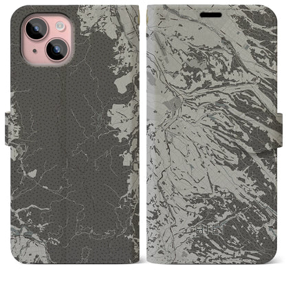 【美瑛（北海道）】地図柄iPhoneケース（手帳タイプ）モノトーン・iPhone 15 Plus 用
