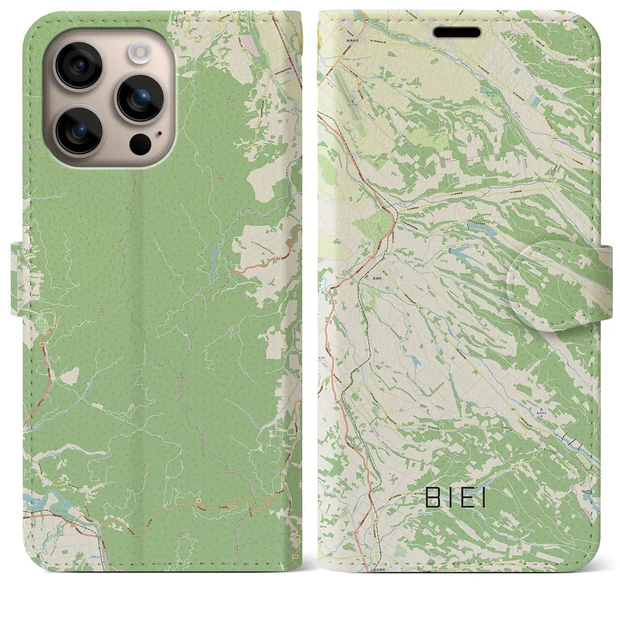 【美瑛（北海道）】地図柄iPhoneケース（手帳タイプ）ナチュラル・iPhone 16 Plus 用