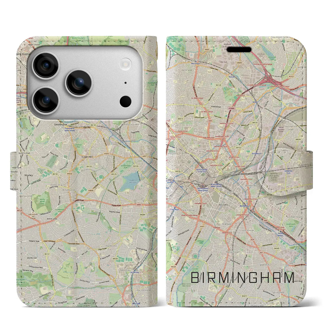 【バーミンガム(イギリス)】地図柄iPhoneケース(手帳タイプ)モノトーン・iPhone 17 Pro Max 用