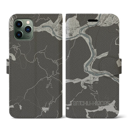 【備中広瀬（岡山県）】地図柄iPhoneケース（手帳タイプ）モノトーン・iPhone 11 Pro 用