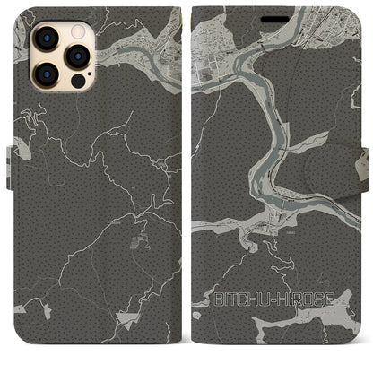 【備中広瀬（岡山県）】地図柄iPhoneケース（手帳タイプ）モノトーン・iPhone 12 Pro Max 用