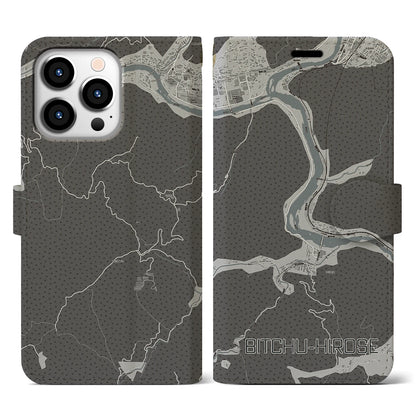 【備中広瀬（岡山県）】地図柄iPhoneケース（手帳タイプ）モノトーン・iPhone 13 Pro 用