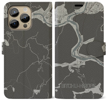 【備中広瀬（岡山県）】地図柄iPhoneケース（手帳タイプ）モノトーン・iPhone 14 Pro Max 用