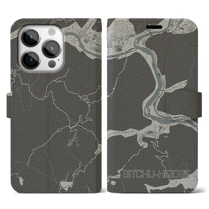 【備中広瀬（岡山県）】地図柄iPhoneケース（手帳タイプ）モノトーン・iPhone 14 Pro 用