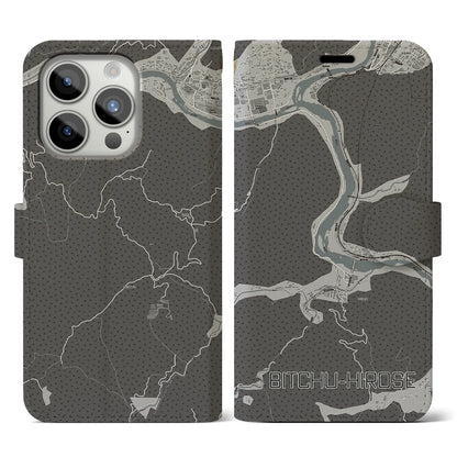 【備中広瀬（岡山県）】地図柄iPhoneケース（手帳タイプ）モノトーン・iPhone 15 Pro 用