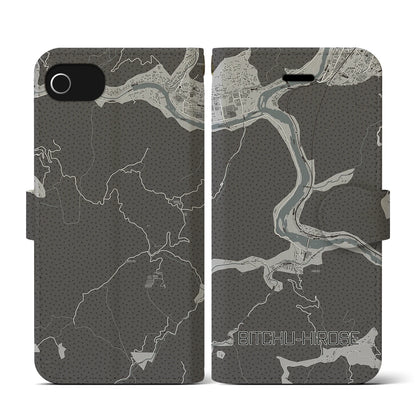 【備中広瀬（岡山県）】地図柄iPhoneケース（手帳タイプ）モノトーン・iPhone SE（第3 / 第2世代） / 8 / 7 / 6s / 6 用