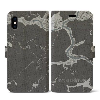 【備中広瀬（岡山県）】地図柄iPhoneケース（手帳タイプ）モノトーン・iPhone XS / X 用