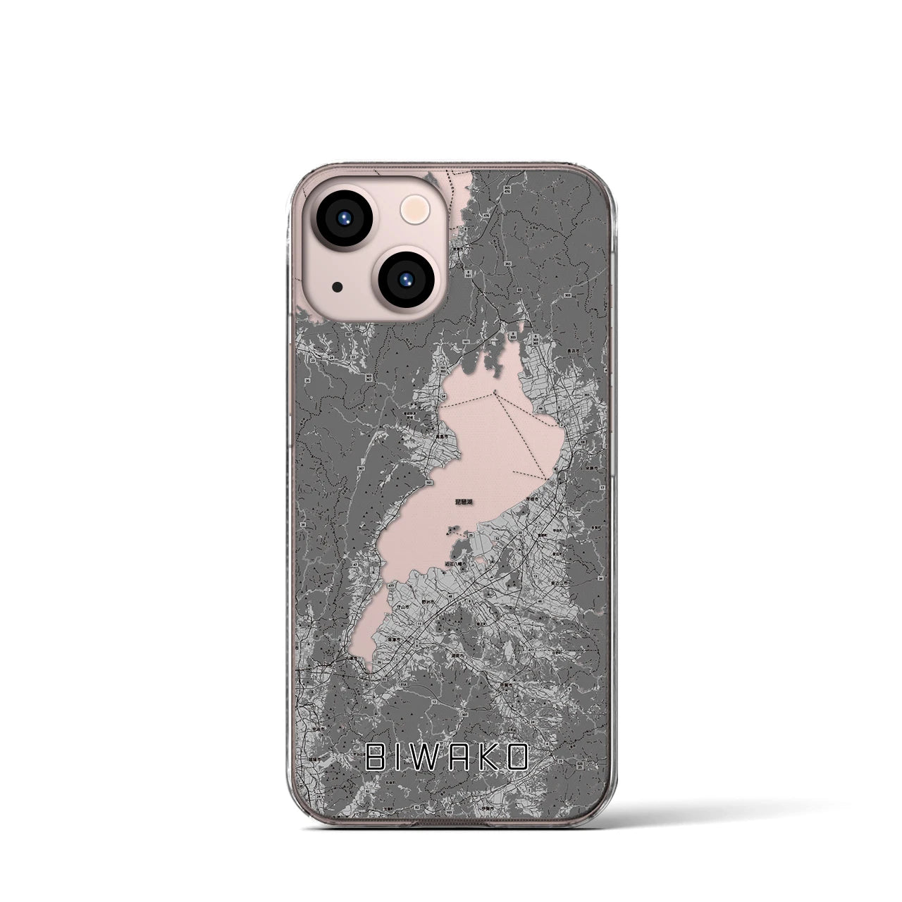 【琵琶湖2（滋賀県）】地図柄iPhoneケース（クリアタイプ）モノトーン・iPhone 13 mini 用