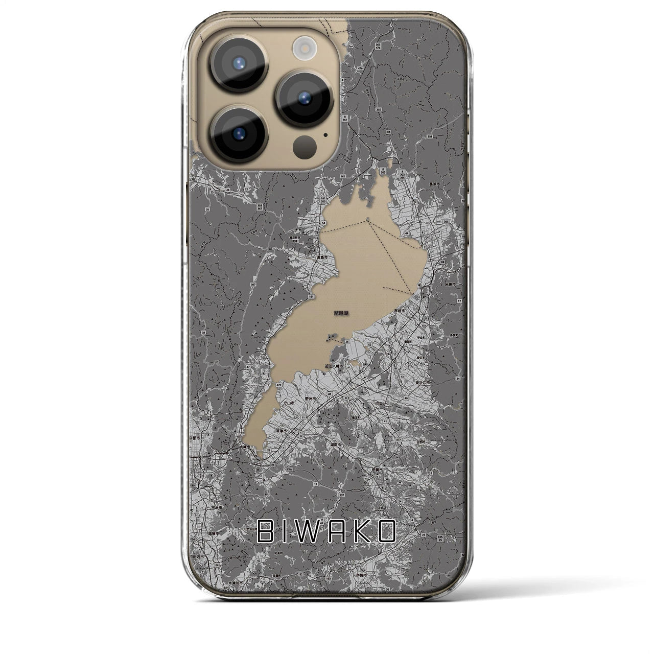 【琵琶湖2（滋賀県）】地図柄iPhoneケース（クリアタイプ）モノトーン・iPhone 14 Pro Max 用