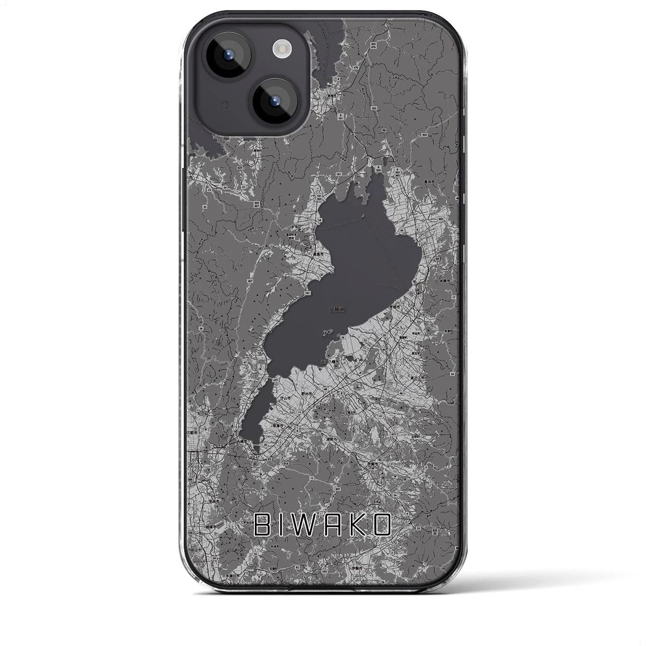 【琵琶湖2（滋賀県）】地図柄iPhoneケース（クリアタイプ）モノトーン・iPhone 14 Plus 用