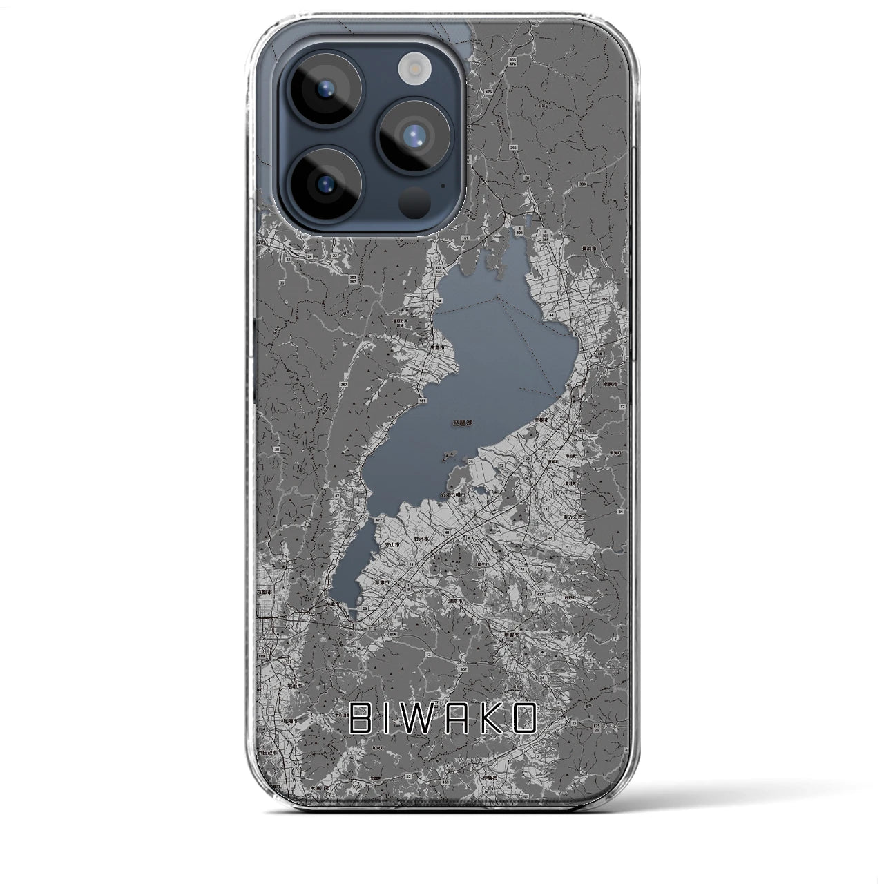 【琵琶湖2（滋賀県）】地図柄iPhoneケース（クリアタイプ）モノトーン・iPhone 15 Pro Max 用