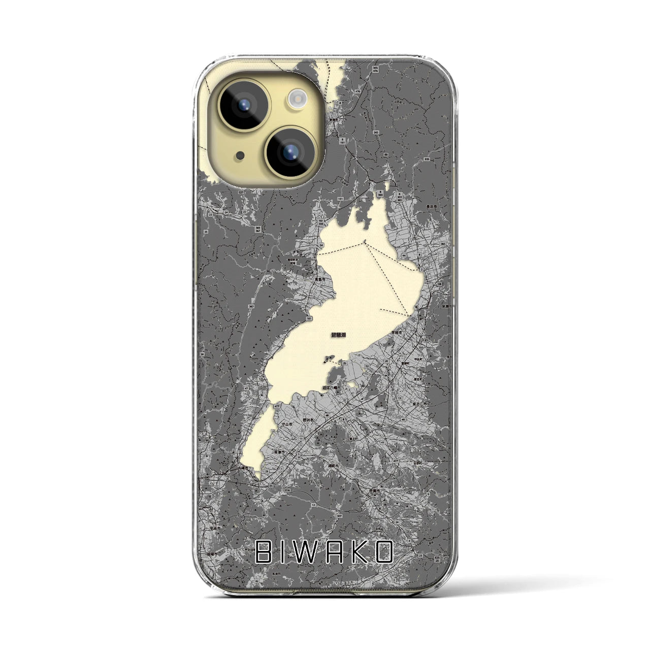 【琵琶湖2（滋賀県）】地図柄iPhoneケース（クリアタイプ）モノトーン・iPhone 15 用