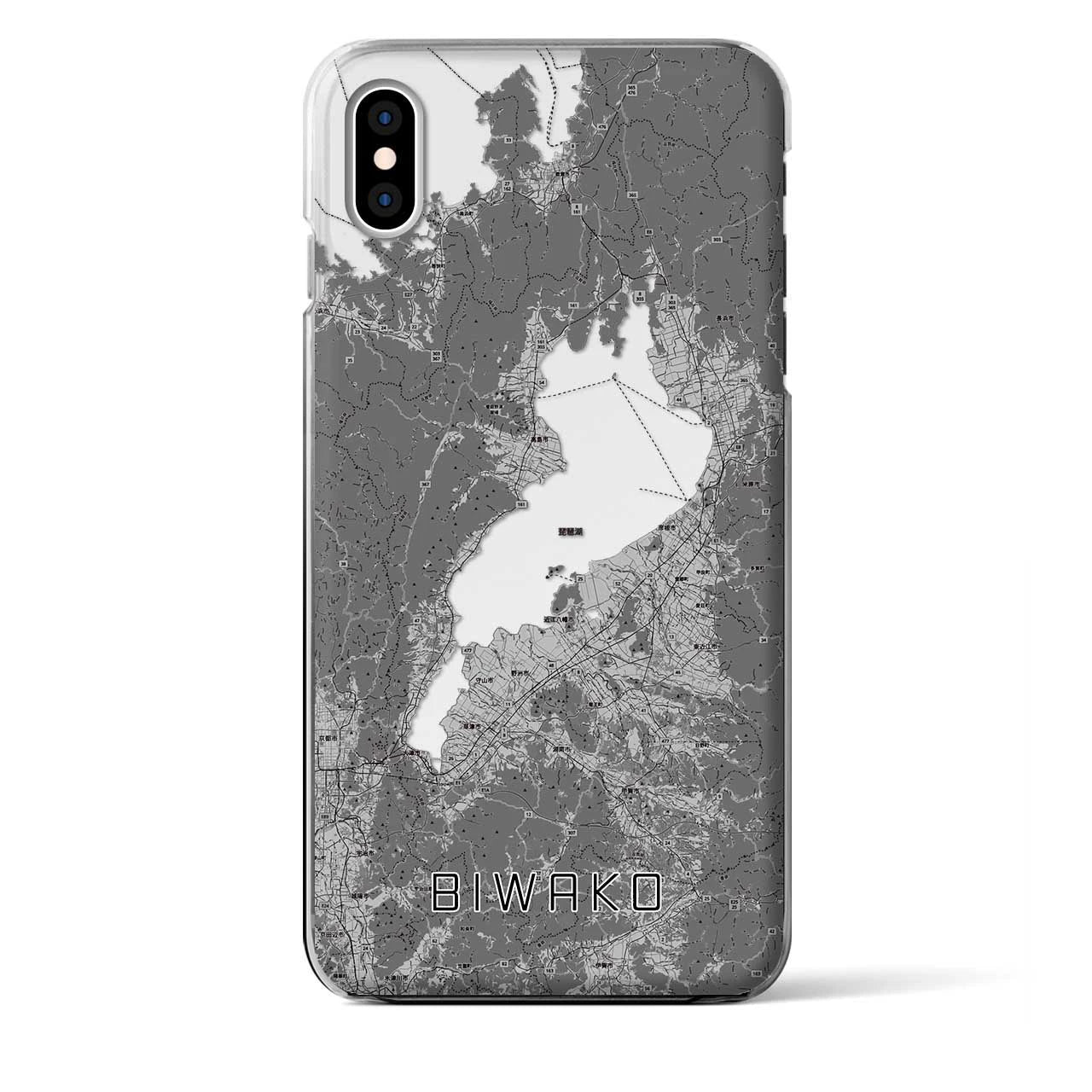 【琵琶湖2（滋賀県）】地図柄iPhoneケース（クリアタイプ）モノトーン・iPhone XS Max 用