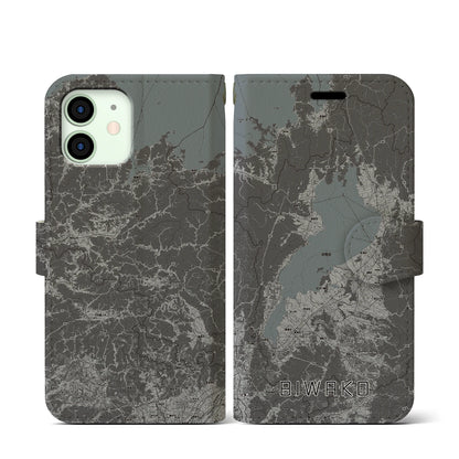 【琵琶湖2（滋賀県）】地図柄iPhoneケース（手帳タイプ）モノトーン・iPhone 12 mini 用