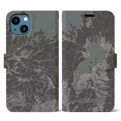 【琵琶湖2（滋賀県）】地図柄iPhoneケース（手帳タイプ）モノトーン・iPhone 13 用