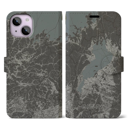 【琵琶湖2（滋賀県）】地図柄iPhoneケース（手帳タイプ）モノトーン・iPhone 14 用