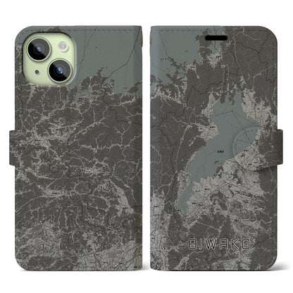 【琵琶湖2（滋賀県）】地図柄iPhoneケース（手帳タイプ）モノトーン・iPhone 15 用